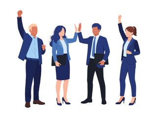 Obraz premium Four jubilant business professionals in sleek blue suits celebrate a shared victory, with a central high-five flanked by enthusiastic fist pumps, symbolizing the power of successful collaboration