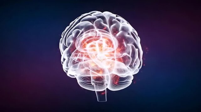 Anatomical illustration of a human brain with a glowing red center on a dark background