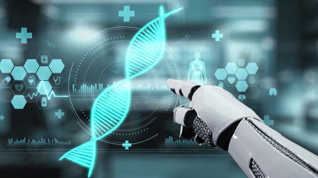 Close up of robotic hand pointing and tapping at DNA hologram with blur laboratory background. Robotic hand clicking at DNA icon to access and connect medical data to diagnosis symptom. Salubrious.