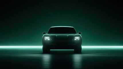 Fototapeta premium Modern car front view in dark studio with green lights, automotive design concept