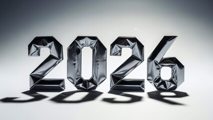 Sleek metallic 2026 numbers, creating futuristic atmosphere with studio lighting and sharp shadows