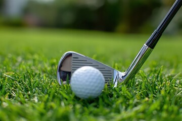 Closeup of a golf club iron resting on lush green grass ready for a perfect swing while preparing for an afternoon round of golf at a scenic course