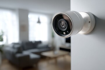 Modern security camera mounted on a white wall in a living room setting, monitoring the area with its sleek design and clear lens for enhanced surveillance functionality
