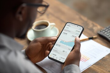 Man checking financial data on mobile device while enjoying coffee at a desk with papers and a pen in a modern workspace