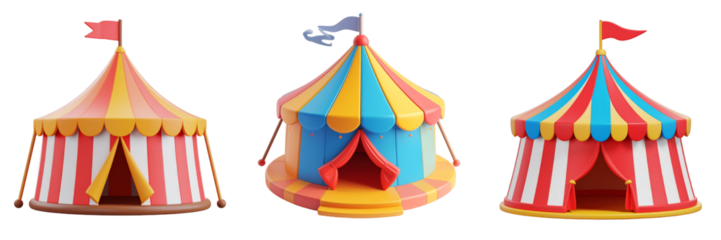 Three Colorful Circus Tents In Red Yellow And Blue With Striped Patterns Flags And Whimsical Cartoon Design Against Transparent Background