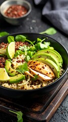Healthy grain bowl with chicken, avocado slices, and lime wedges
