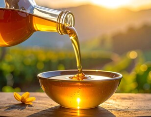 Honey being poured from a bottle into a golden bowl at sunset