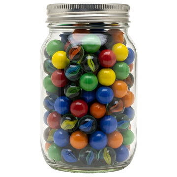 Clear glass mason jar filled to the brim with a vibrant assortment of colorful glass marbles and a silver metal lid on black