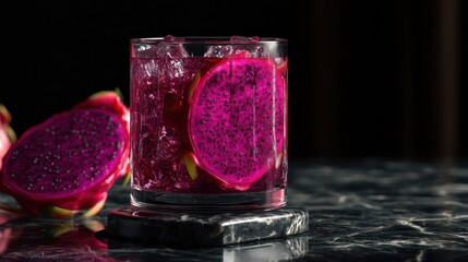 A tumbler glass filled with dragonfruit elixir stands on dark marble. A dragonfruit slice rests precisely against base, luminous