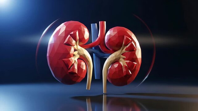 Human kidneys illustration with renal artery vein and ureter on a dark background for medical concepts