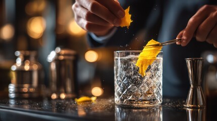 Bartender steady hands twist a citrus peel, oil spraying midair above chilled crystal glass. Stainless steel jigger rests nearby,