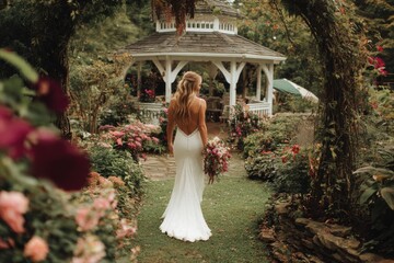 Bride walks gracefully through a beautiful garden path towards a charming gazebo during an outdoor wedding ceremony in a scenic venue