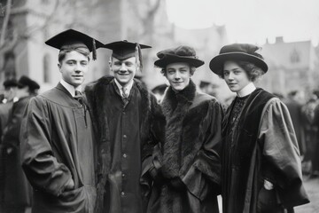 Obraz premium Graduates celebrating their achievement outdoors wearing caps and gowns during a ceremony on a sunny day