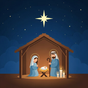 A serene depiction of the Nativity scene with Mary, Joseph, and baby Jesus in a stable under a starry night sky.