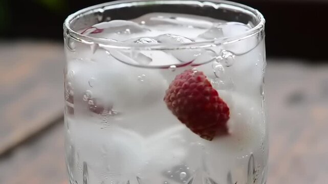 Refreshing Lychee Drink with Ice Cubes in a Clear Glass.