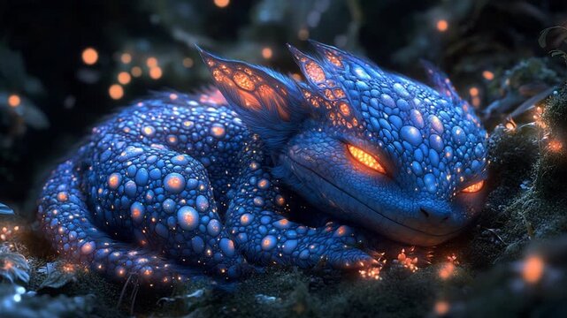 Mystical Blue Baby Dragon Sleeping in an Enchanted Forest at Night.