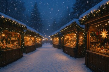 Fototapeta premium Cozy festive market under snowfall.