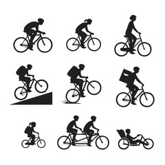 Fototapeta premium Bike rider activities silhouette: A collection of silhouette images showcasing people engaging in various cycling activities.