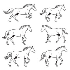 Obraz premium Elegant black outline running and trotting horse illustrations depicting various dynamic movements and graceful animal power