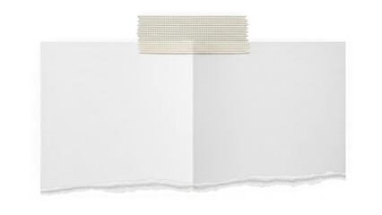 White folded paper sheet fixed with adhesive tape on a transparent background