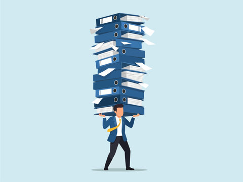 A struggling businessman balances a towering, precarious stack of blue binders overflowing with loose papers, vividly illustrating the crushing weight of excessive corporate bureaucracy