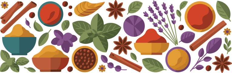 Seamless pattern with flowers and leaves on a brown wooden background with healthy fresh spices and herbs