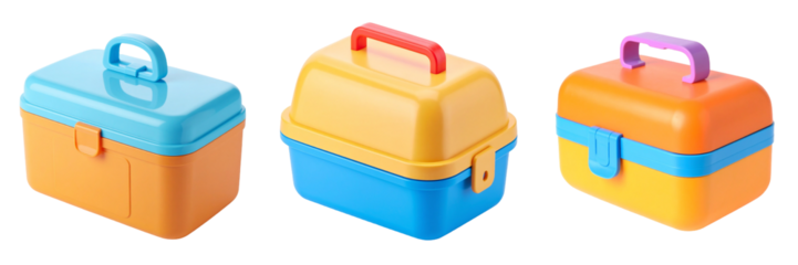 Three Colorful Tool Boxes Isolated Against Transparent Background