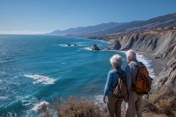 Senior couple enjoys stunning view of Pacific coast along scenic cliffs on a sunny day