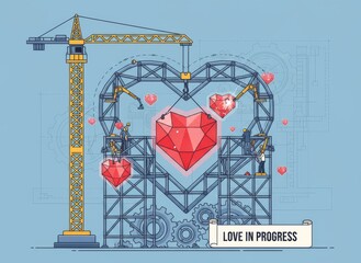 Industrial construction plan design with cranes, steel structure, and engineering blueprint drawing