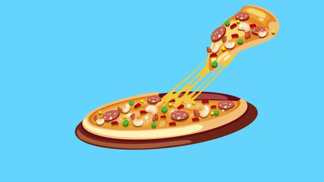 Cartoon Pizza Slice Lifting with Stretching Melted Cheese Animation, Delicious Italian Fast Food Concept on Blue Background