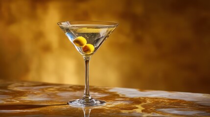 Elegant minimalist martini photograph: crystal glass with translucent liquid, rim shining, olive submerged. Polished reflective marble surface, background blurred