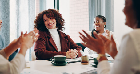 Woman, happy and applause with startup team, goals or congratulations at company. Person, smile and...