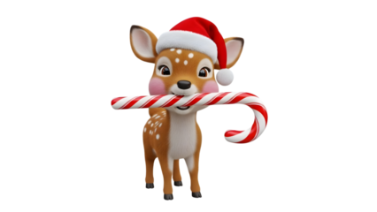 Cute baby reindeer wearing a santa hat holding a candy cane in its mouth isolated on transparent background