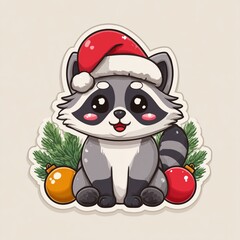 Cute raccoon in Santa hat with Christmas ornaments, flat vector sticker illustration for holiday greeting cards