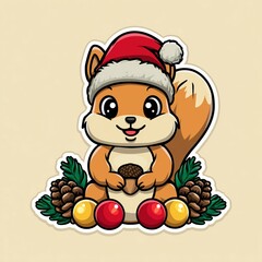 Cute Christmas squirrel sticker with Santa hat and acorn, vector illustration