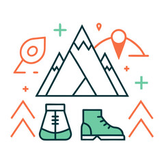 Hiking and outdoor adventure icon set with mountains, boot, and backpack illustration