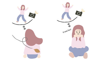 思い出をさみしく振り返る女性と、楽しく思い出す女性のイラスト