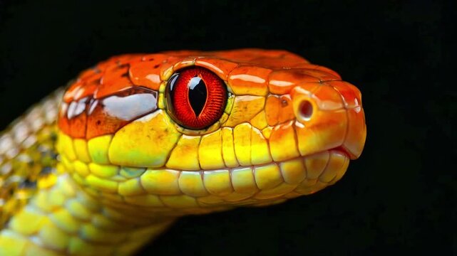 Vibrant snake head close up macro shot featuring intense red vertical pupils bright orange and yellow scales detailed skin texture against a stark black background exotic reptile wildlife photography 