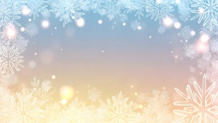 Winter christmas background with white snowflakes and bokeh lights on a soft blue and orange gradient