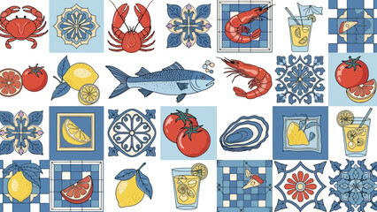 Mediterranean Seafood and Tile Pattern: Crabs, Shrimp, Fish, Cocktails, Citrus