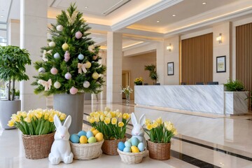 Naklejka premium Easter decoration in modern hotel lobby with bunny and tulips
