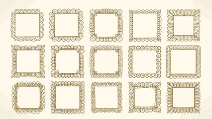 Collection of Decorative Square Hand-Drawn Frames and Borders on Beige Background