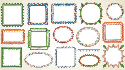 Collection of Decorative Hand-Drawn Frames and Borders in Various Shapes and Colors