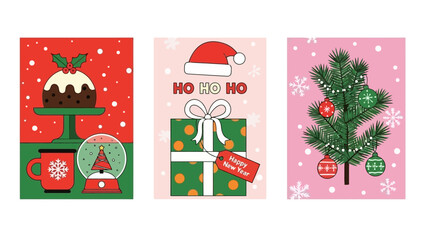 Set of Festive Christmas and New Year Holiday Card Illustrations with Puddings