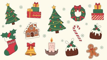 Hand Drawn Christmas Elements Vector Set: Trees, Gifts, Wreath, Stocking, Bell