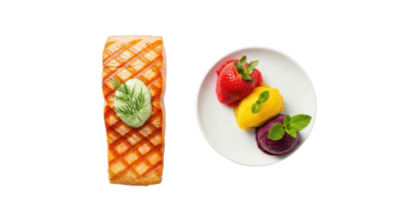Grilled Salmon Fillet With Green Sauce Beside Three Berry Sorbet Scoops on White Plate against Transparent Background