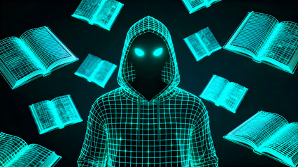 Hacker figure wearing a wireframe hoodie with glowing eyes surrounded by floating digital open books representing knowledge data access and cybersecurity threats in a dark neon environment