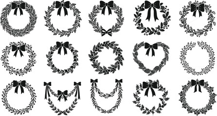 Collection of black silhouette Christmas wreaths and garlands with bows black and white © Ambia Art