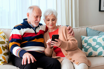 Senior Caucasian man sitting with senior Caucasian woman on sofa, man embracing woman while both looking at smartphone screen, sharing moment together in living room