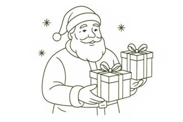 Santa claus giving christmas gifts, line art illustration recognizing winter holiday, celebration, and festive season